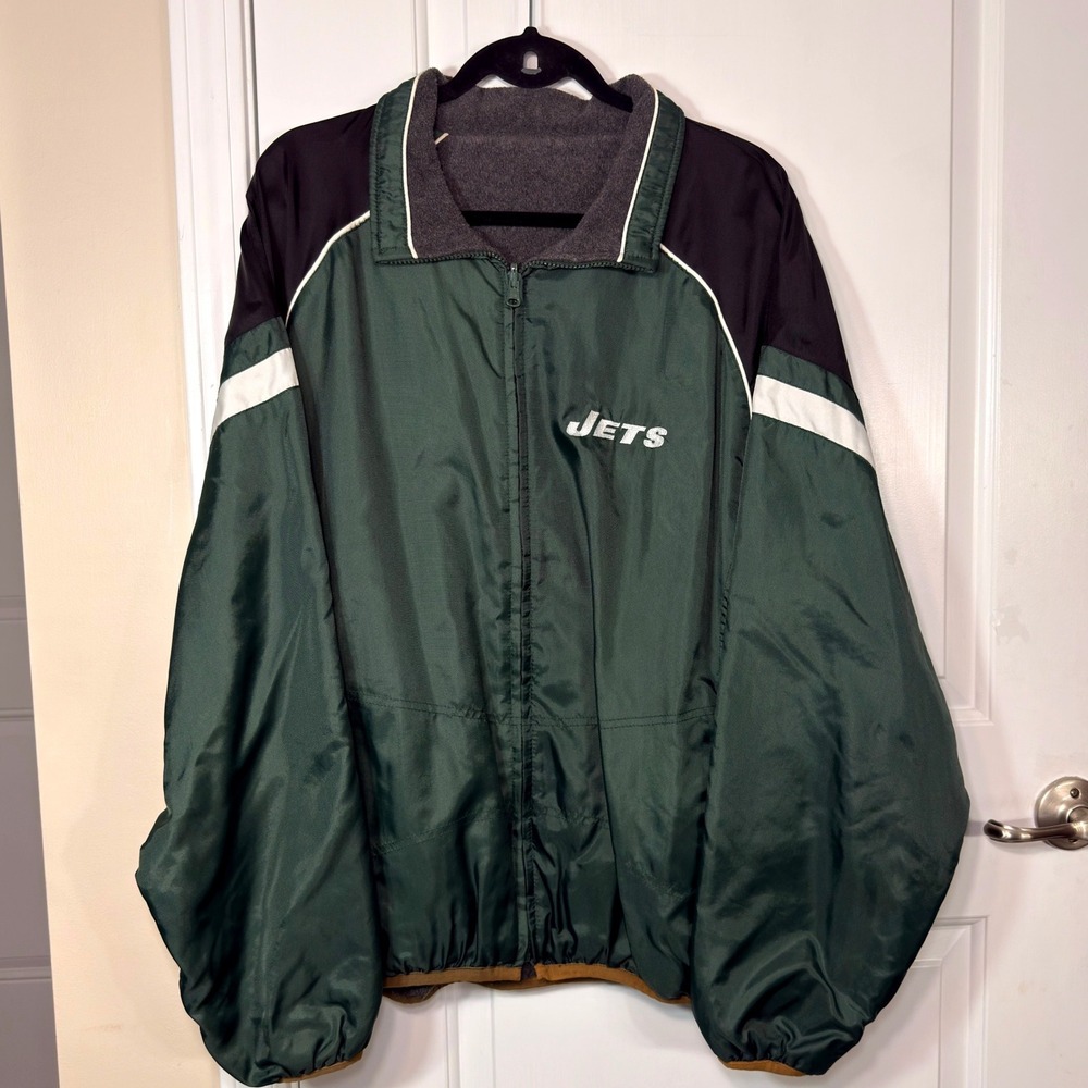NFL New York Jets Reversible Jacket Fleece Windbreaker Green Grey Mens Size M